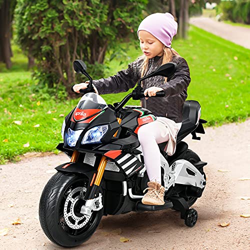 COSTWAY Moto Montable 12 V con Ruedines para Niños, Moto Aprilia Eléctrica Montable con Luces LED, Música, Llave de Arranque, Juguete Montable para Niños con Más de 3 Años, 25 kg (Negro)