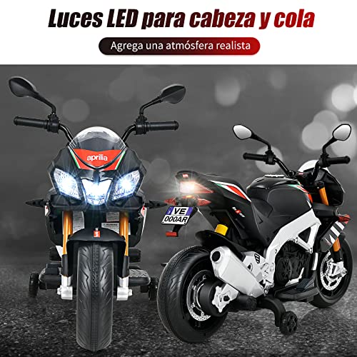 COSTWAY Moto Montable 12 V con Ruedines para Niños, Moto Aprilia Eléctrica Montable con Luces LED, Música, Llave de Arranque, Juguete Montable para Niños con Más de 3 Años, 25 kg (Negro)