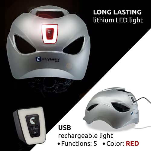 Crazy Safety Casco de Bici para Hombres, Mujeres, niños y niñas | Casco de Bicicleta con luz LED Recargable por USB integrada | Casco de Bici Urbana Ligero