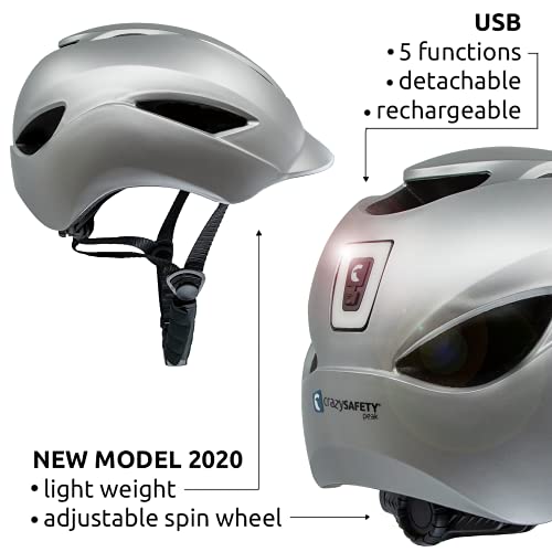 Crazy Safety Casco de Bici para Hombres, Mujeres, niños y niñas | Casco de Bicicleta con luz LED Recargable por USB integrada | Casco de Bici Urbana Ligero