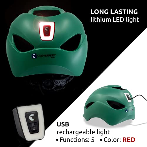 Crazy Safety Casco de Bici para Hombres, Mujeres, niños y niñas | Casco de Bicicleta con luz LED Recargable por USB integrada | Casco de Bici Urbana Ligero