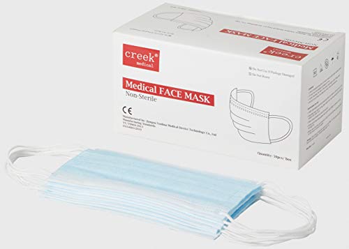 Creek medical Mascarilla Quirúrgica Médica Tipo I de 3 Capas, Verificada y Probada por CE, No Estéril (Paquete de 50 Máscaras)