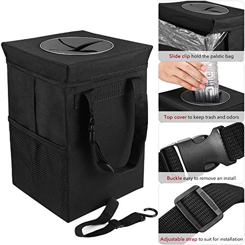 Cubo de basura para coche con tapa, bolsa de basura para colgar con bolsillos de almacenamiento, a prueba de fugas, organizador de coche plegable y portátil, resistente al agua, multiusos coche cubo