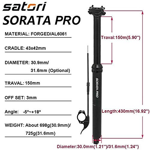 Cuentagotas de tija de sillín de Altura Ajustable de 30,9/31,6mm Cable Interno de Viaje de 150mm Control Remoto Satori Professional (31.6mm)