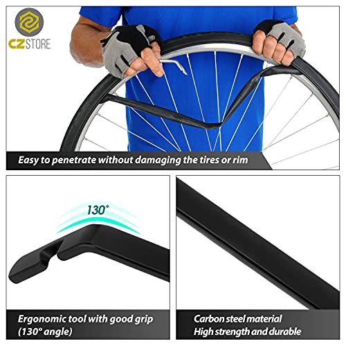 CZ Store Palanca Neumáticos Bicicleta | Juego de 3 | Negro - ✮✮GARANTÍA DE POR VIDA✮✮ - Con Gancho Curvo, Herramienta Acero Inoxidable - Accesorios de Reparación y Mantenimiento de BMX, MTB