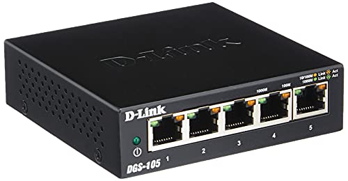 D-Link DGS-105 - Switch de red (5 puertos Gigabit RJ-45, 10/100/1000 Mbps, chasis metálico, IGMP snooping, autosensing, priorización de tráfico QoS 802.1p) color negro