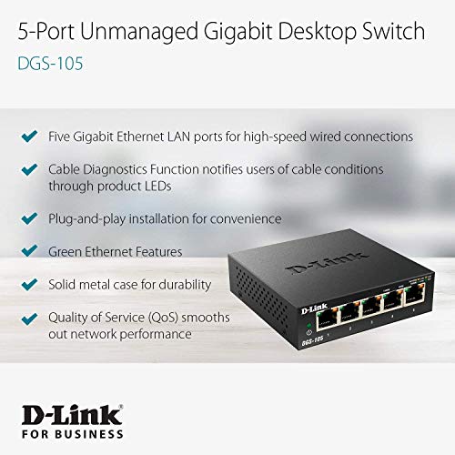 D-Link DGS-105 - Switch de red (5 puertos Gigabit RJ-45, 10/100/1000 Mbps, chasis metálico, IGMP snooping, autosensing, priorización de tráfico QoS 802.1p) color negro