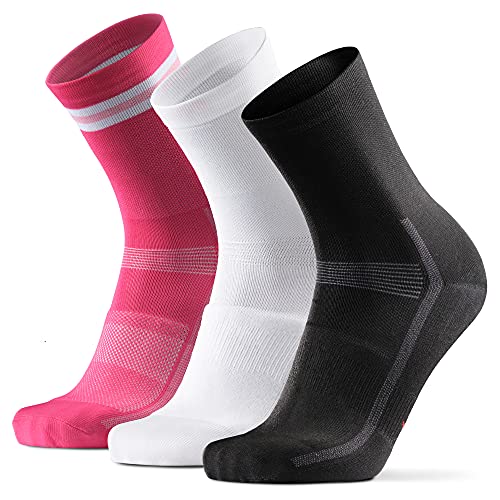 DANISH ENDURANCE Calcetines de Ciclismo para Hombres y Mujeres, Paquete de 3 Calcetines de Bicicleta Transpirables hasta el Tobillo (1 x Azul, 1 x Negro, 1 x Blanco), EU 39-42