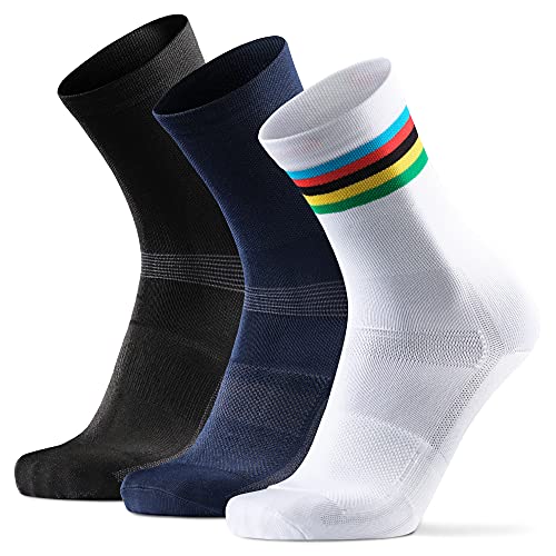 DANISH ENDURANCE Calcetines de Ciclismo para Hombres y Mujeres, Paquete de 3 Calcetines de Bicicleta Transpirables hasta el Tobillo (1 x Rayas, 1 x Negro, 1 x Azul), EU 43-47