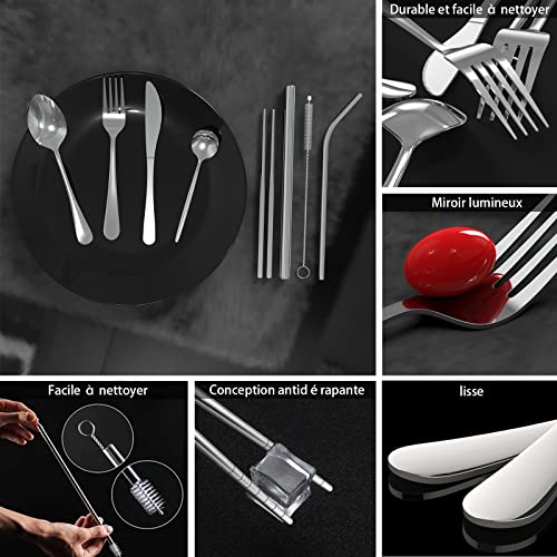 DAONG Cubiertos de utensilios portátiles,juego Set cubiertos de viaje para acampar,juego cubiertos de acero inoxidable,incluye cuchillo/ tenedor/cuchara/palillos/cucharadecafé/pajitas/caja(plateado)