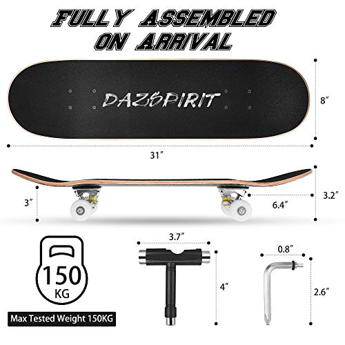 DazSpirit Skateboards, 31 x 8 Skateboard Completo de Doble Patada para Principiantes 7 Capas de Arce Monopatín Cóncavo para Niños y Niñas para Adolescentes y Adultos con Herramienta en T(Negro)