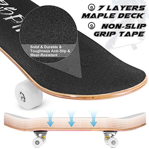 DazSpirit Skateboards, 31 x 8 Skateboard Completo de Doble Patada para Principiantes 7 Capas de Arce Monopatín Cóncavo para Niños y Niñas para Adolescentes y Adultos con Herramienta en T(Negro)