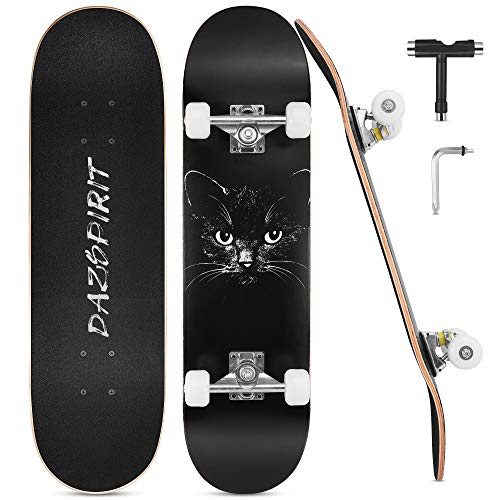 DazSpirit Skateboards, 31 x 8 Skateboard Completo de Doble Patada para Principiantes 7 Capas de Arce Monopatín Cóncavo para Niños y Niñas para Adolescentes y Adultos con Herramienta en T(Negro)