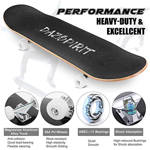 DazSpirit Skateboards, 31 x 8 Skateboard Completo de Doble Patada para Principiantes 7 Capas de Arce Monopatín Cóncavo para Niños y Niñas para Adolescentes y Adultos con Herramienta en T(Negro)