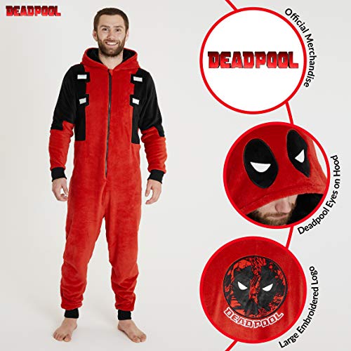 Deadpool Pijama Entero Hombre, Pijama Mono Hombre con Capucha, Pijama Hombre Invierno de Forro Polar, Regalos para Hombre y Adolescente Talla XS-2XL (Rojo, S)