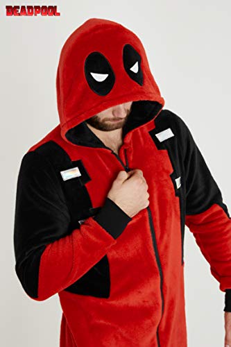 Deadpool Pijama Entero Hombre, Pijama Mono Hombre con Capucha, Pijama Hombre Invierno de Forro Polar, Regalos para Hombre y Adolescente Talla XS-2XL (Rojo, S)