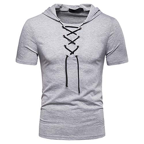 Deportiva Camisa Hombre Verano Slim Fit Cuello V Hombre Camiseta Color Sólido Manga Corta Correr Camisa Básica Sin Cuello Camisa Wicking Secado Rápido Capucha T-Shirt C-Light Grey XXL