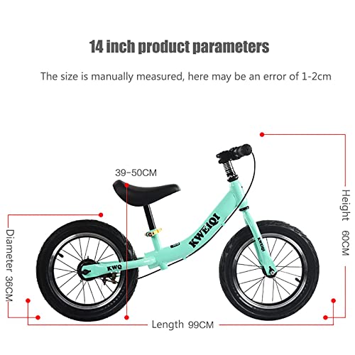 DFBGL Bicicleta de Equilibrio con Frenos Bicicleta Ligera de 14 Pulgadas sin Pedales Juguetes para Montar Regalos Bicicleta de Entrenamiento para niños Asiento Ajustable para niñas y niñ