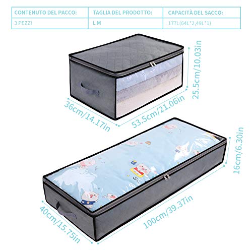 DIMJ Bolsas Almacenaje Ropa Juego de 3 Cajas Almacenaje Gran Capacidad Cajas Organizadoras con Ventana Transparente Bolsas para Edredones Mantas Ropa (gris)