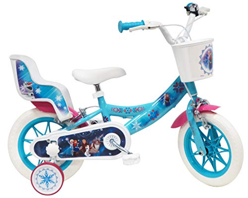 Disney - Bicicleta de 12 Pulgadas con 2 Frenos, Cesta Delantera y portamuñecas Trasera + 2 estabilizadores extraíbles para niña, Azul Turquesa, Blanco y Fucsia.