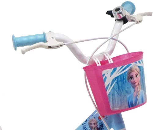 Disney - Bicicleta, de 12 Pulgadas, diseño de Frozen 2, con 2 Frenos, Cesta Frontal, portamuñecas Trasero y 2 estabilizadores Desmontables, para niña, Azul Celeste, Blanca y Fucsia