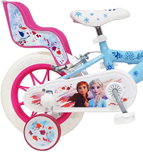 Disney - Bicicleta, de 12 Pulgadas, diseño de Frozen 2, con 2 Frenos, Cesta Frontal, portamuñecas Trasero y 2 estabilizadores Desmontables, para niña, Azul Celeste, Blanca y Fucsia