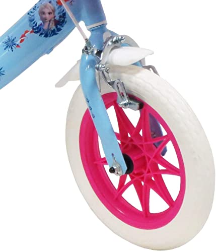 Disney - Bicicleta, de 12 Pulgadas, diseño de Frozen 2, con 2 Frenos, Cesta Frontal, portamuñecas Trasero y 2 estabilizadores Desmontables, para niña, Azul Celeste, Blanca y Fucsia