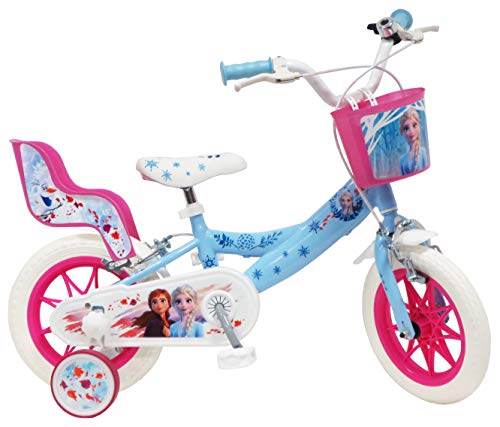 Disney - Bicicleta, de 12 Pulgadas, diseño de Frozen 2, con 2 Frenos, Cesta Frontal, portamuñecas Trasero y 2 estabilizadores Desmontables, para niña, Azul Celeste, Blanca y Fucsia