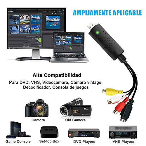 DIWUER Convertidor de Capturadora de Audio Video USB2.0, DVD VHS VCR Grabber Digital Grabador para Mac Windows 7 8 10, VHS a Digital DVD y Edite Video