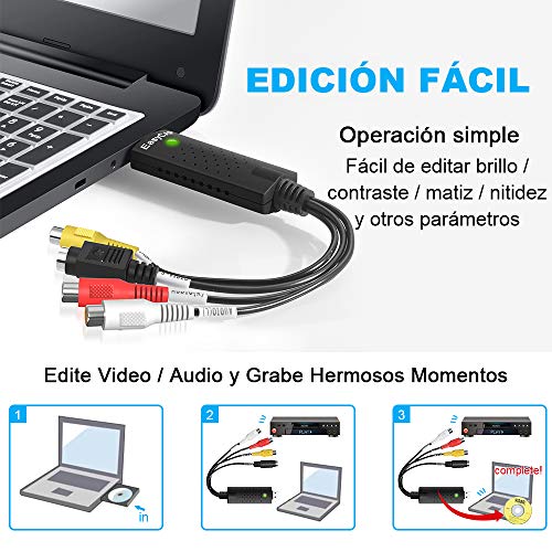 DIWUER Convertidor de Capturadora de Audio Video USB2.0, DVD VHS VCR Grabber Digital Grabador para Mac Windows 7 8 10, VHS a Digital DVD y Edite Video