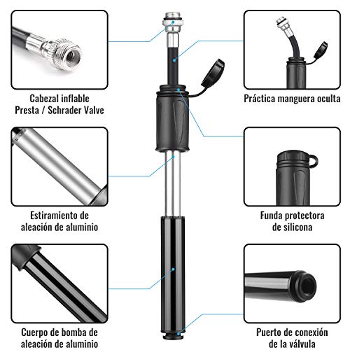 Diyife Bomba de Bicicleta[Alta Presión] Mini Bomba de Bicicleta, Aleación de Aluminio,Neumático de Bicicleta Portátil con Aguja, Montaje en Marco Adecuado para Schrader & Presta, Baloncesto