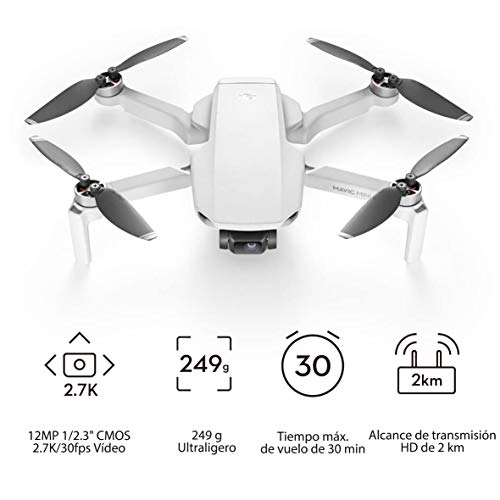 DJI Mavic Mini Dron Ultraligero y Portátil, Sin Care Refresh, Duración Batería 30 minutos, Sin Tarjeta, Distancia Trasmisión 2 Km, Gimbal 3 Ejes, 12 MP, Video HD 2.7K, Blanco