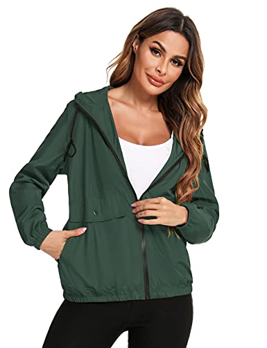 Doaraha Abrigo Impermeable Mujer, Chaqueta Deportiva Impermeable Mujer, Chaqueta Impermeable Cortavientos Mujer, Cortavientos con Capucha Mujer, Abrigo Ligero Impermeable Secado Rápido, Verde, XXL