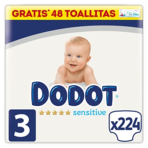 Dodot Pañales Bebé Sensitive Talla 3 (6-10 kg), 224 Pañales, Óptima Protección de la Piel de Dodot, Pack Mensual