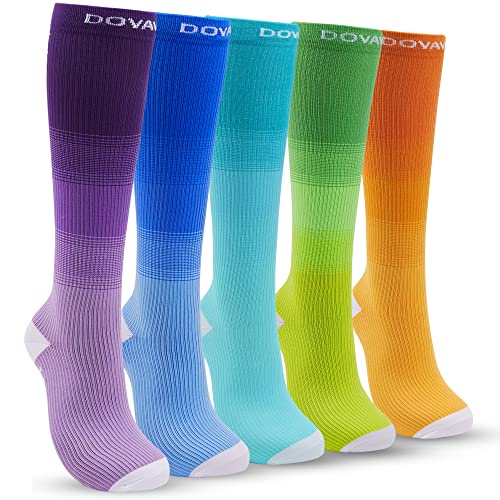 DOVAVA Calcetines de Compresión para Mujer y Hombre 5 Pares 15-25 mmHg para Trabajo Running Deportivo Volar Enfermera Médico Varicosas - L