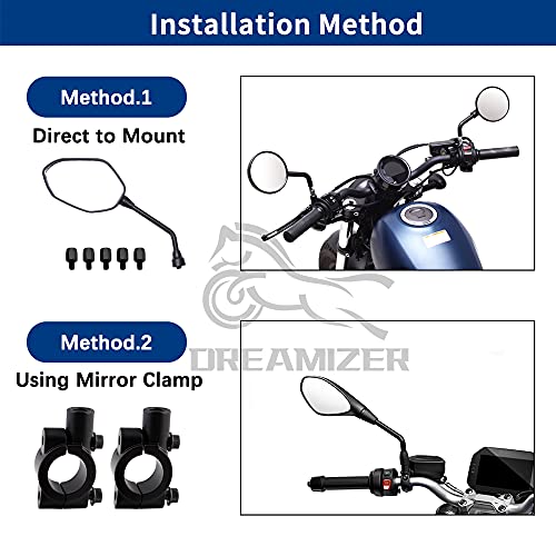 DREAMIZER Espejos de Moto con E9 Homologado, Espejos Laterales de Motocicleta Universal de 8mm 10mm con Abrazadera de Manillar de 22mm para Moto Street Bike Off Road ATV Quad Cruiser