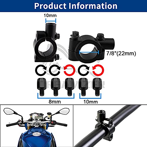 DREAMIZER Espejos de Moto con E9 Homologado, Espejos Laterales de Motocicleta Universal de 8mm 10mm con Abrazadera de Manillar de 22mm para Moto Street Bike Off Road ATV Quad Cruiser