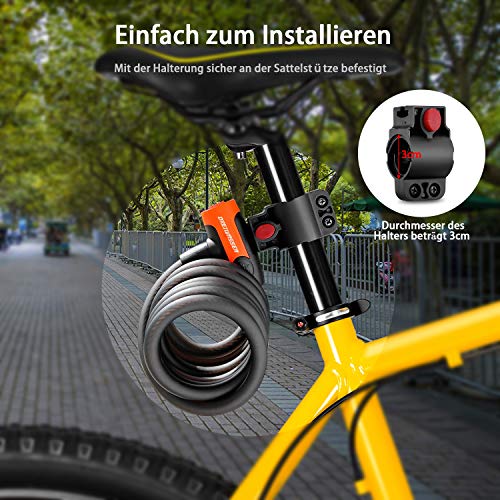 DreiWasser Candado de bicicleta, candado de cable de candado de bicicleta de 150cm/12mm o 180cm/12mm con 2 llaves (150cm)