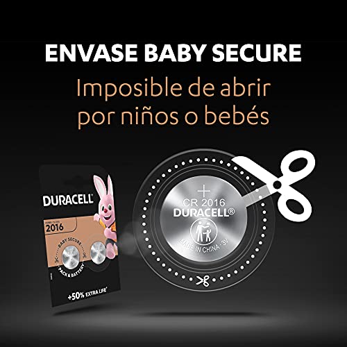 Duracell Pilas de botón de litio 2016 de 3 V, paquete de 2, con Tecnología Baby Secure, para uso en llaves con sensor magnético, básculas, elementos vestibles, dispositivos médicos DL2016/CR2016