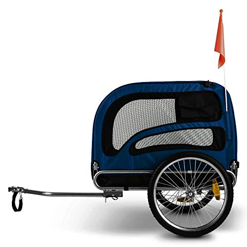 DURAMAXX King Rex - Carrito para Perros, Carro para Perros, Remolque para Bicicletas, Cochecito Perro, 250 litros, máx. 40 kg, Acoplamiento Fijo, neumáticos 16", Llantas Acero, banderín, Azul