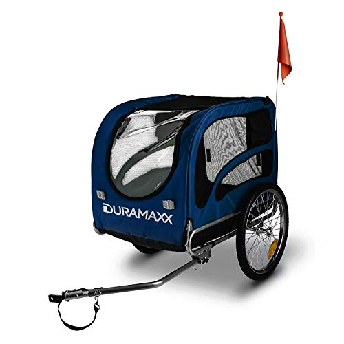 DURAMAXX King Rex - Carrito para Perros, Carro para Perros, Remolque para Bicicletas, Cochecito Perro, 250 litros, máx. 40 kg, Acoplamiento Fijo, neumáticos 16", Llantas Acero, banderín, Azul