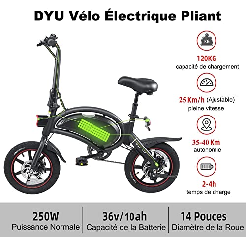 DYU Bicicleta Eléctrica Plegable,14 Pulgadas Portátil Bicicleta Eléctrica,Inteligente E-Bike con Asistencia de Pedal, 3 Modos de Conducción,Altura Ajustable,Portátil Compacta,Unisex Adulto