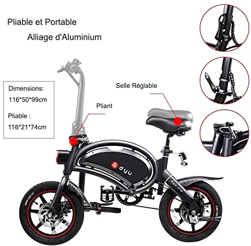 DYU Bicicleta Eléctrica Plegable,14 Pulgadas Portátil Bicicleta Eléctrica,Inteligente E-Bike con Asistencia de Pedal, 3 Modos de Conducción,Altura Ajustable,Portátil Compacta,Unisex Adulto