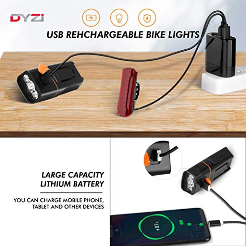 DYZI Juego de Luces de Bicicleta Recargables por USB - Faro Delantero a Prueba de Agua - Luz Trasera Resistente al Agua Fácil de Colocar y Montar - Powerbank Integrado para Cargar Dispositivos