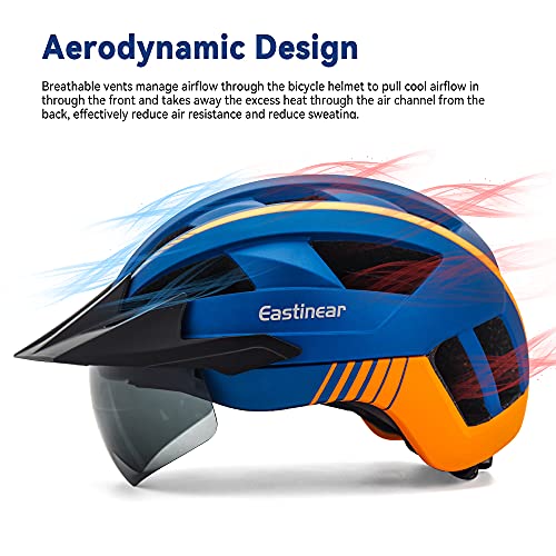 EASTINEAR Casco Bicicleta con Luz LED Recargable Casco Bicicleta Montaña Gafas Magnéticas para Adulto Casco de Ciclismo Talla M/L para Hombre Mujer Adulto (Azul)