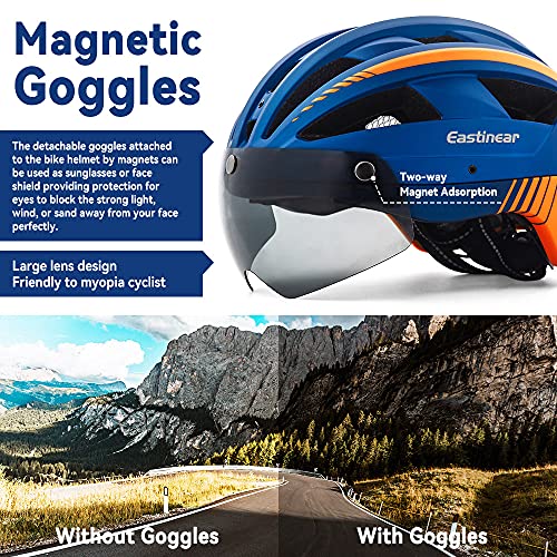 EASTINEAR Casco Bicicleta con Luz LED Recargable Casco Bicicleta Montaña Gafas Magnéticas para Adulto Casco de Ciclismo Talla M/L para Hombre Mujer Adulto (Azul)