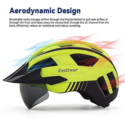 EASTINEAR Casco Bicicleta con Luz LED Recargable Casco Bicicleta Montaña Gafas Magnéticas para Adulto Casco de Ciclismo Talla M/L para Hombre Mujer Adulto (Amarillo)