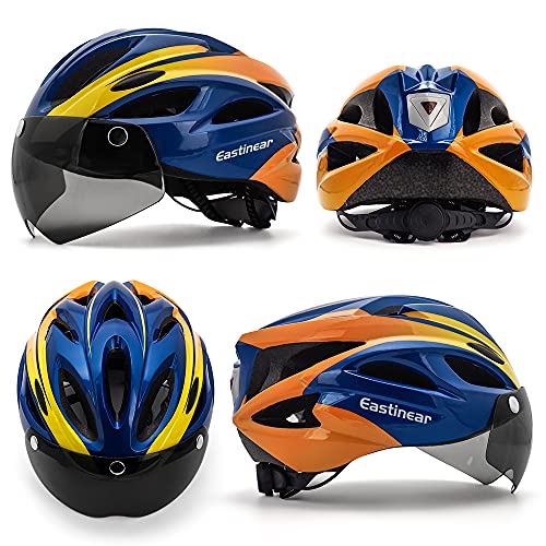 EASTINEAR Casco Bicicleta para Adultos con Gafas Hombre Mujer Casco Bicicleta con Luz de Seguridad LED Casco Ciclismo de Montaña y Carretera Tamaño Ajustable M/L 57-61cm (Naranja Azul)