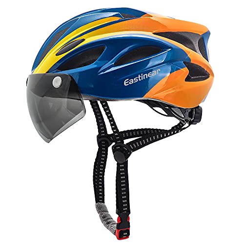 EASTINEAR Casco Bicicleta para Adultos con Gafas Hombre Mujer Casco Bicicleta con Luz de Seguridad LED Casco Ciclismo de Montaña y Carretera Tamaño Ajustable M/L 57-61cm (Naranja Azul)