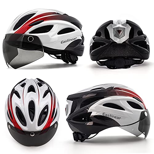 EASTINEAR Casco Bicicleta para Adultos con Gafas Hombre Mujer Casco Bicicleta con Luz de Seguridad LED Casco Ciclismo de Montaña y Carretera Tamaño Ajustable M/L 57-61cm (Blanco Negro)